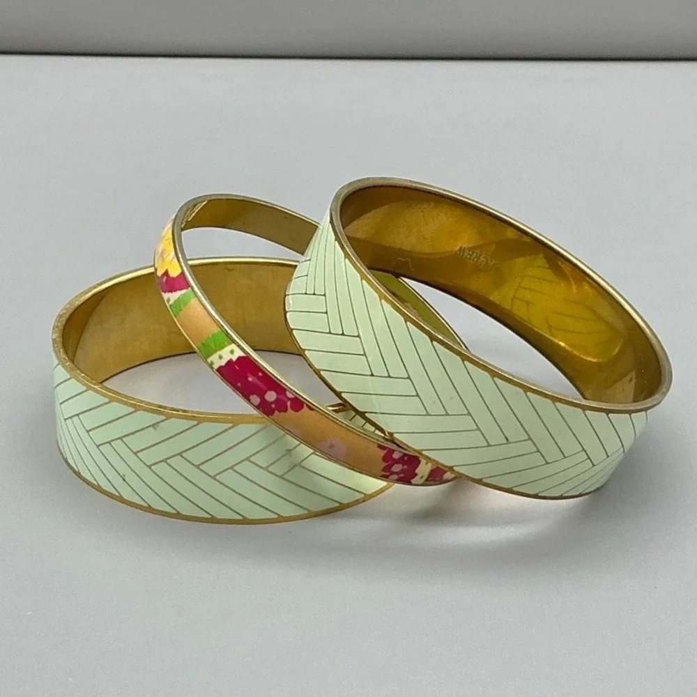 J.Crew Bangle Womens Gold Tone Enamel Mint Herringbone Floral Stackable 7 Inch